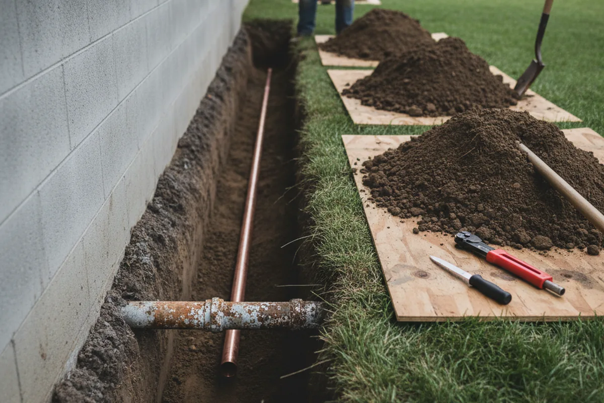 Excavated water line trench during Water Softener Installation in North Billerica